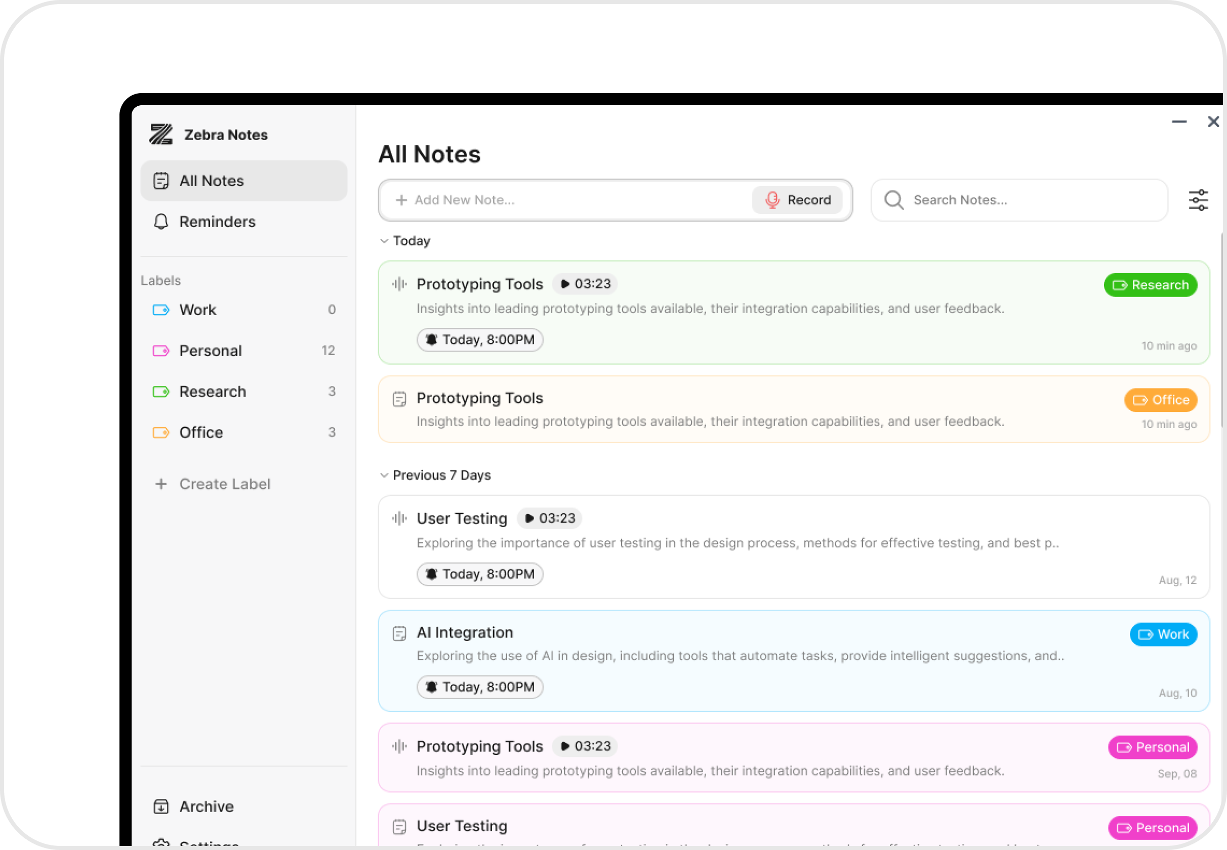 Note Taker app interface showing notes, recordings, and smart organization