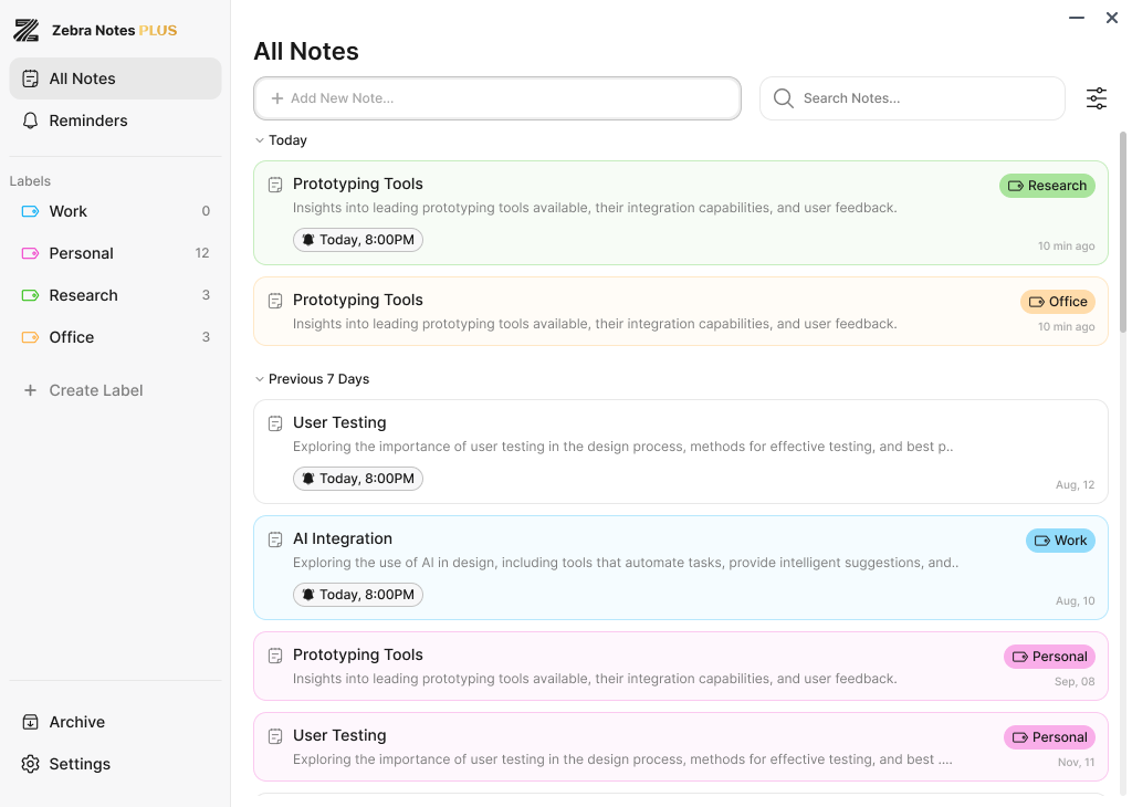 Zebra Notes Plus app showing labels, notes list, and organization
