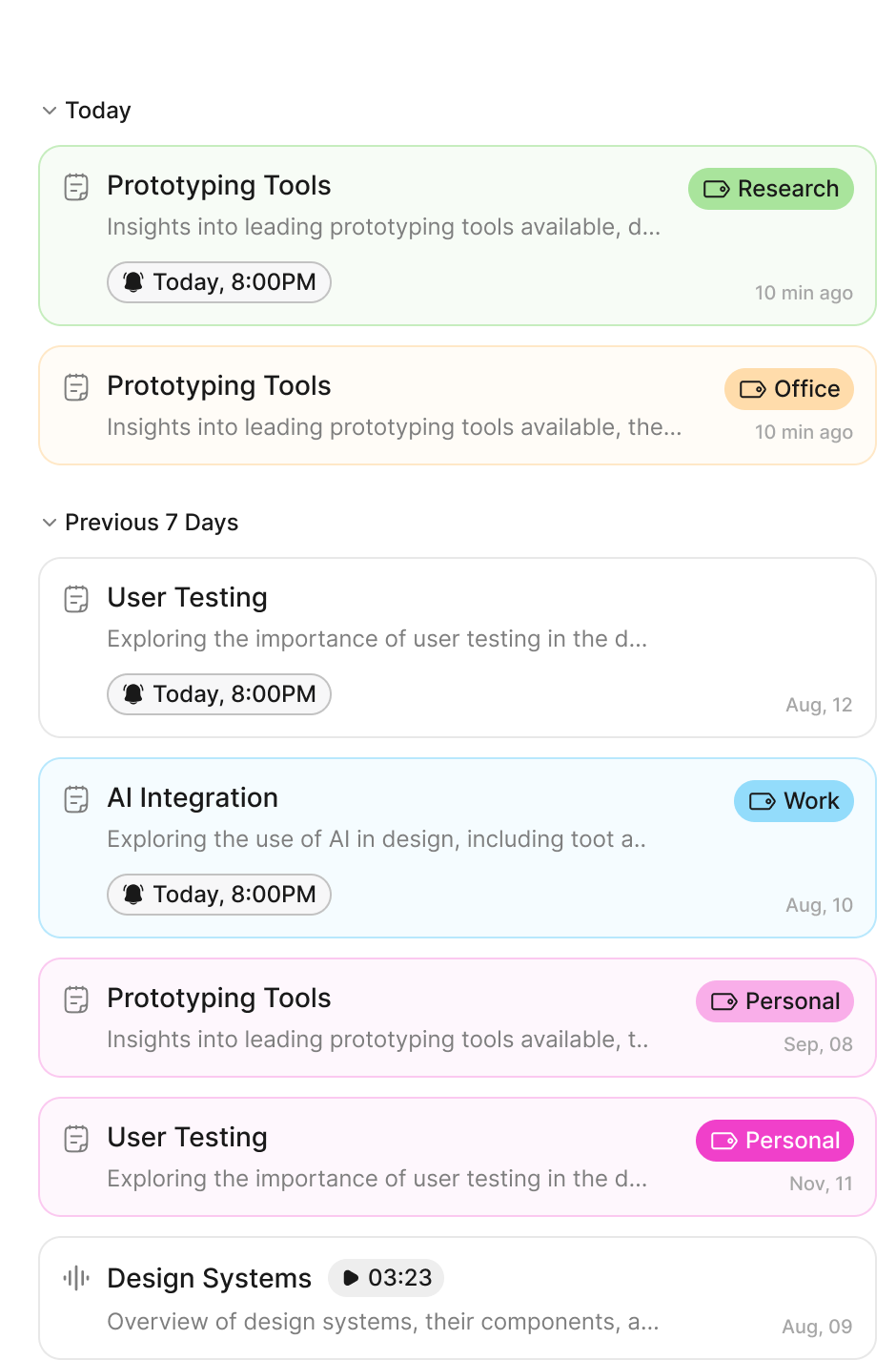 Zebra Notes list view with unlimited notes